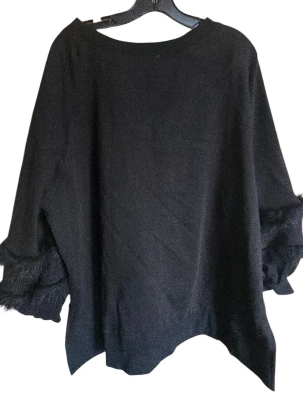 Black Women's Pullover Sweater with Faux-Fur Trim